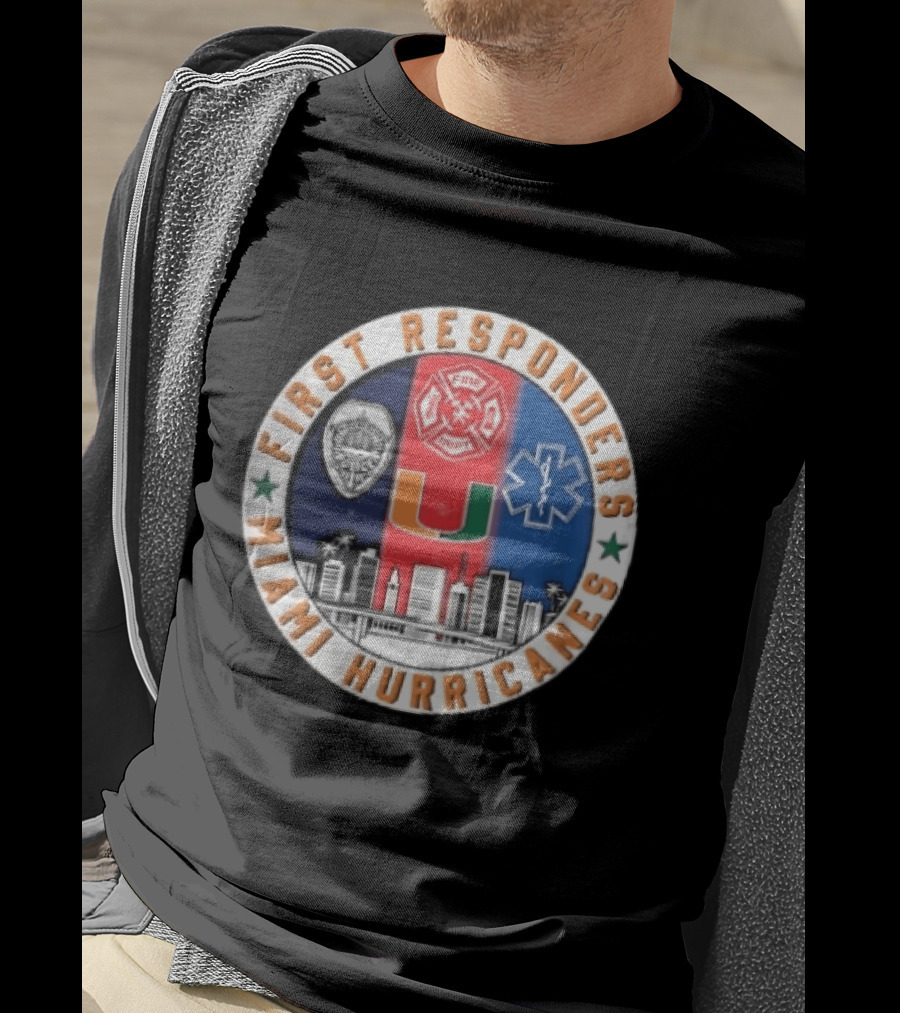 Miami Hurricanes First Responders Police Fire Dept Star Of Life City Skyline Seal T-Shirt
