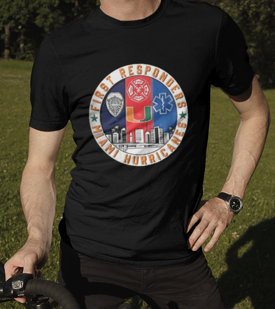Miami Hurricanes First Responders Police Fire Dept Star Of Life City Skyline Seal T-Shirt