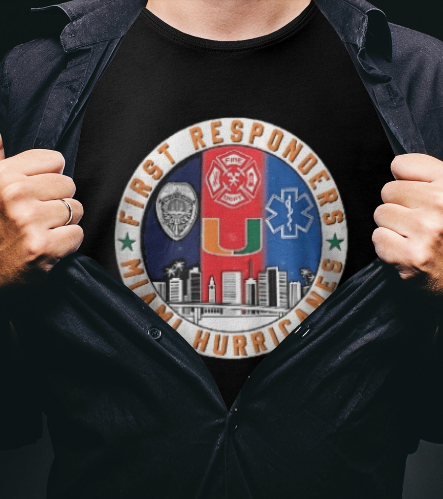 Miami Hurricanes First Responders Police Fire Dept Star Of Life City Skyline Seal T-Shirt