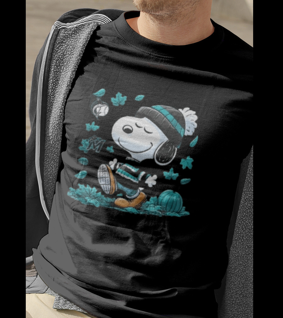 Miami Marlins Snoopy Walking Winter Beanie Autumn Leaves Pumpkin MLB Cartoon T-Shirt