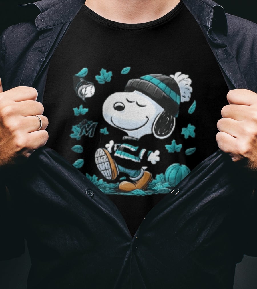Miami Marlins Snoopy Walking Winter Beanie Autumn Leaves Pumpkin MLB Cartoon T-Shirt