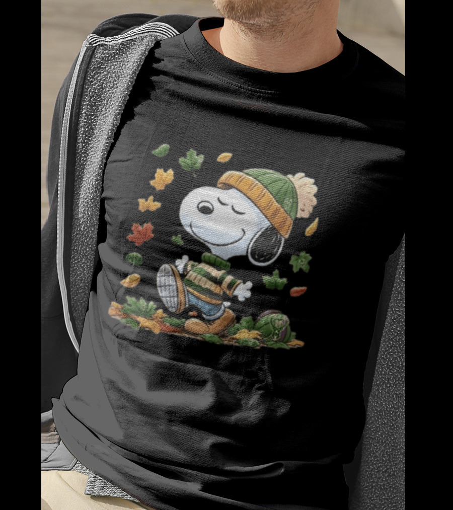 Milwaukee Bucks Snoopy In Beanie Walking Through Autumn Leaves Cartoon T-Shirt