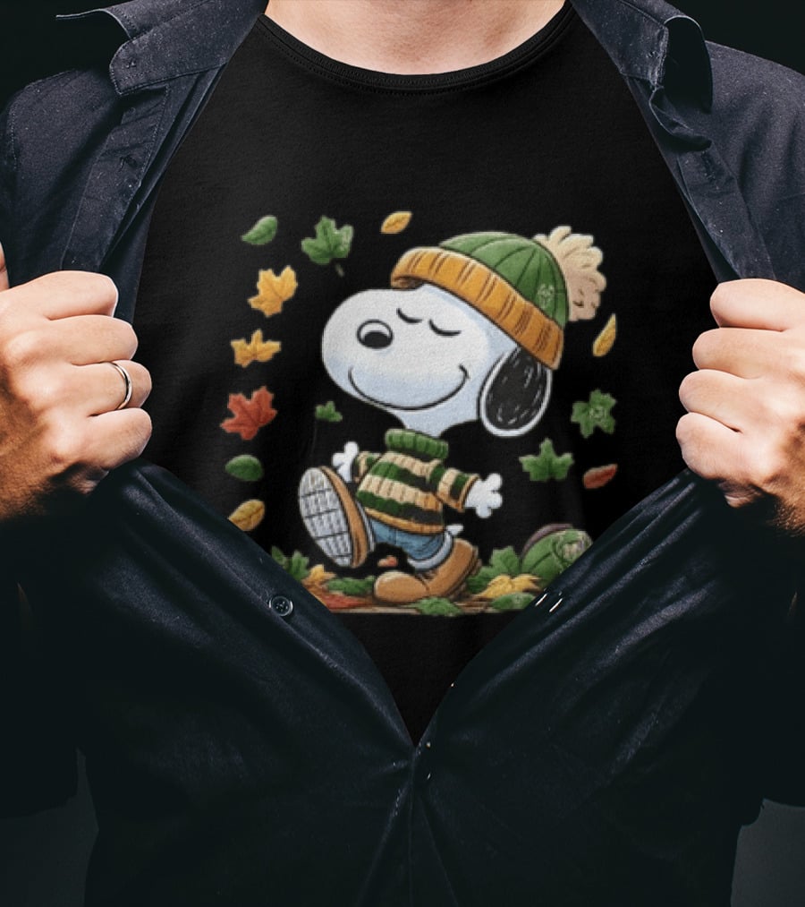 Milwaukee Bucks Snoopy In Beanie Walking Through Autumn Leaves Cartoon T-Shirt