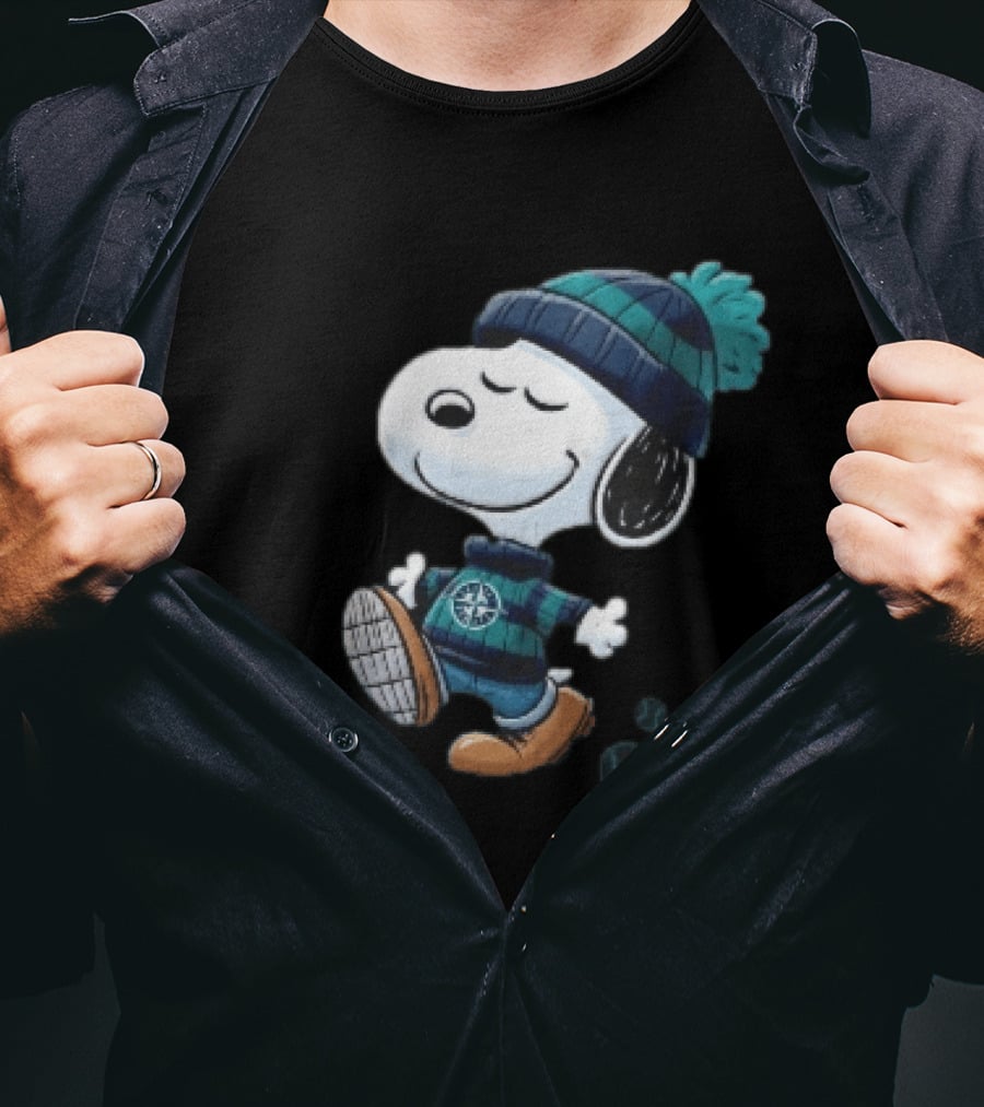 Seattle Mariners Snoopy Walking Beanie And Baseballs MLB Cartoon T-Shirt
