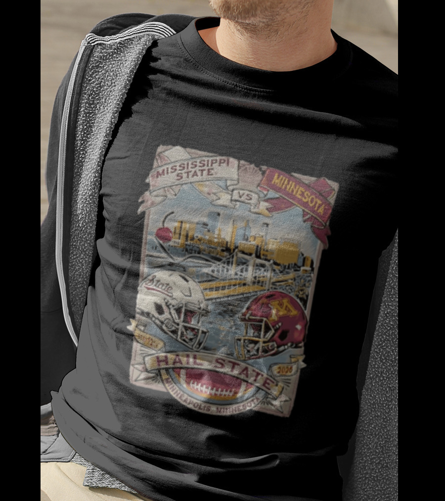 Mississippi State Vs Minnesota September 12th 2026 Hail State Minneapolis Minnesota Football Helmets And Skyline T-Shirt