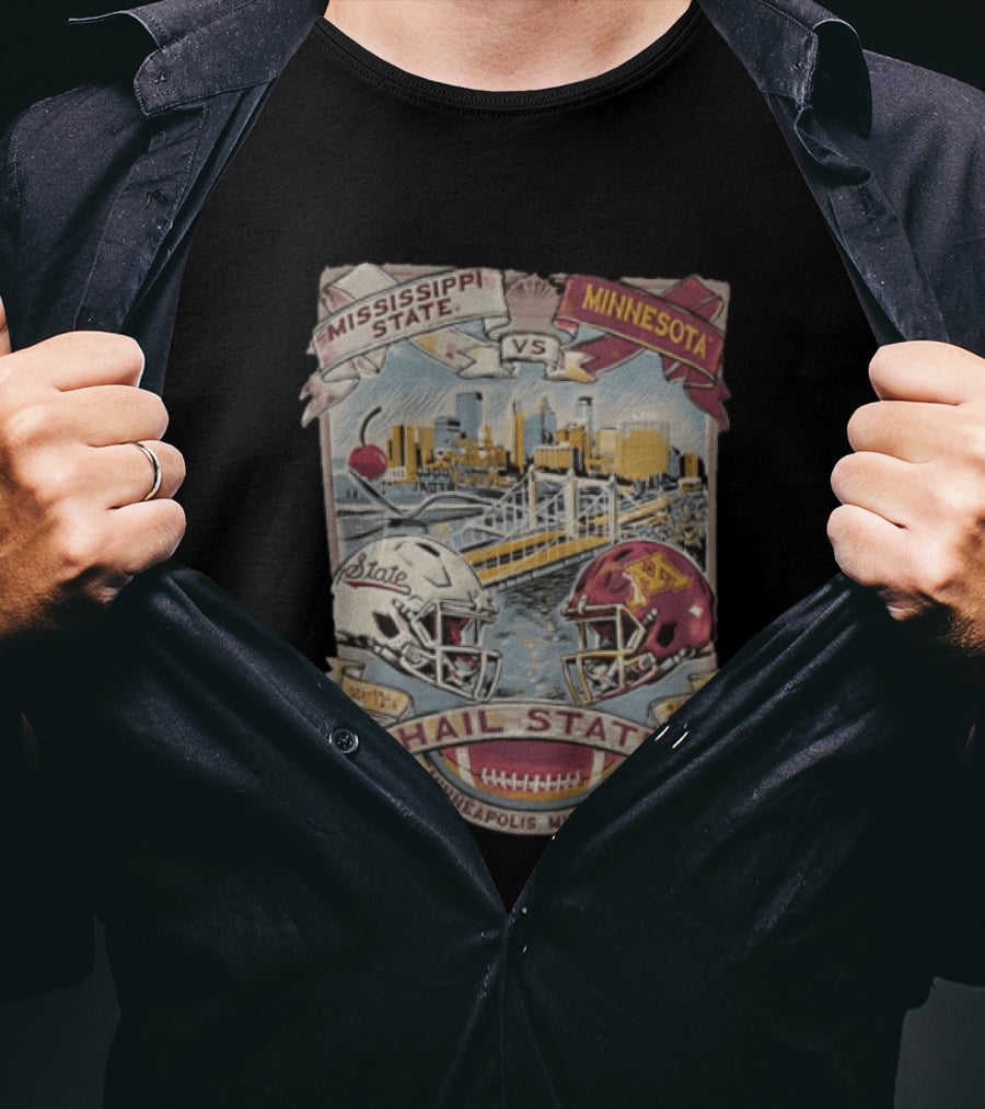 Mississippi State Vs Minnesota September 12th 2026 Hail State Minneapolis Minnesota Football Helmets And Skyline T-Shirt