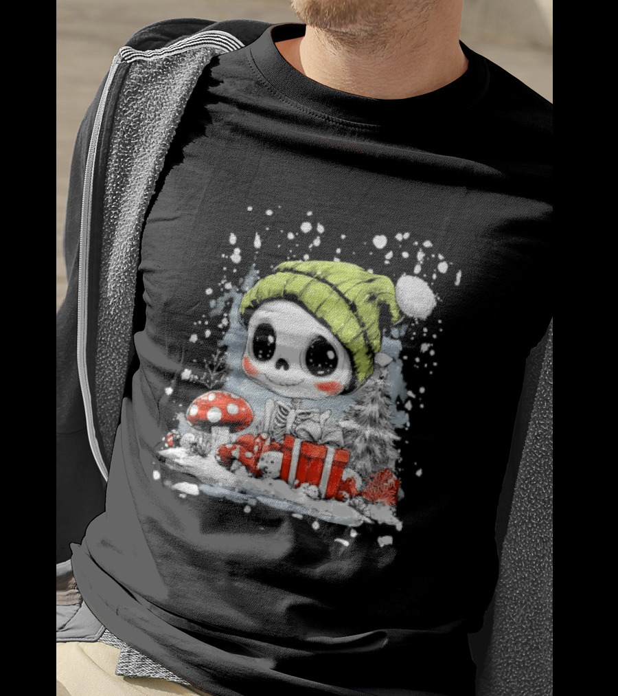 Skeleton In Green Beanie Hat With Mushroom And Christmas Present T-Shirt