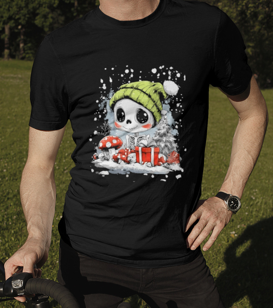 Skeleton In Green Beanie Hat With Mushroom And Christmas Present T-Shirt