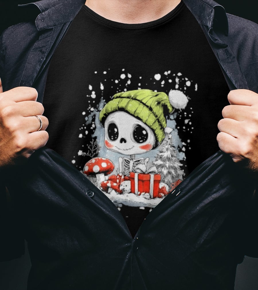 Skeleton In Green Beanie Hat With Mushroom And Christmas Present T-Shirt