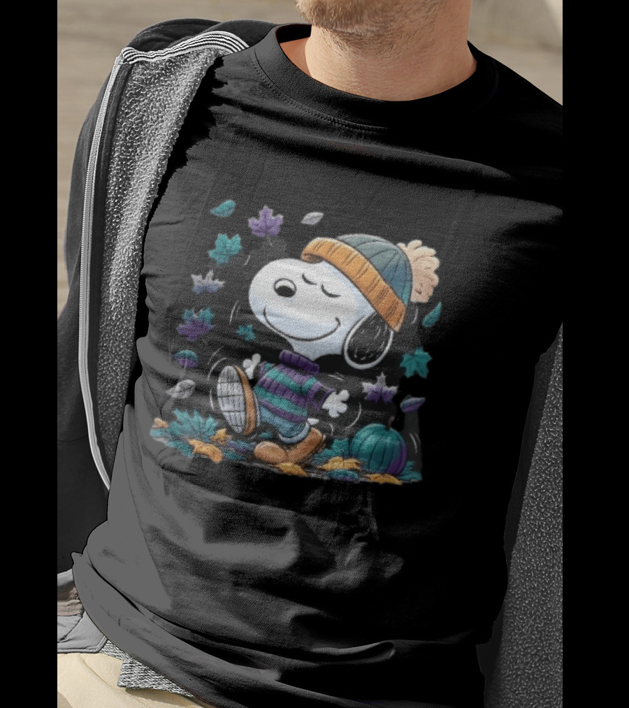 Snoopy Autumn Walk Striped Beanie Pumpkin And Falling Leaves T-Shirt