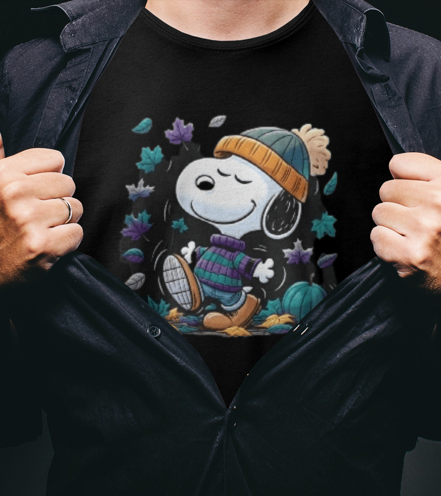 Snoopy Autumn Walk Striped Beanie Pumpkin And Falling Leaves T-Shirt