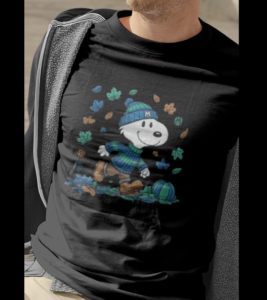 Snoopy Walking Autumn Leaves Blue Green Beanie Pumpkin T-Shirt