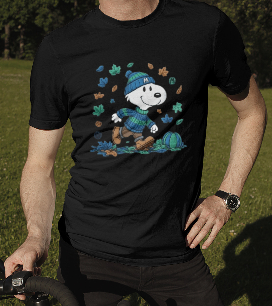Snoopy Walking Autumn Leaves Blue Green Beanie Pumpkin T-Shirt