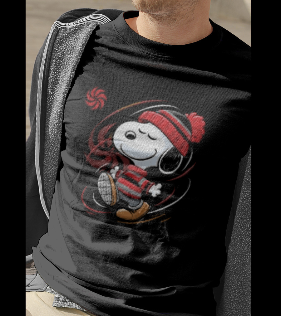 Snoopy Walking Red Black Striped Beanie Swirl Cartoon T-Shirt