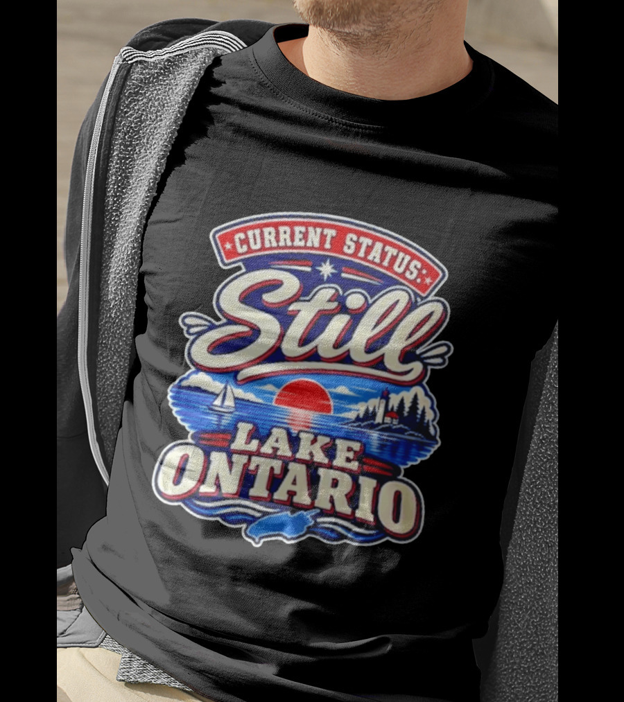 Current Status Still Lake Ontario Sunset Sailboat Lighthouse Scene T-Shirt