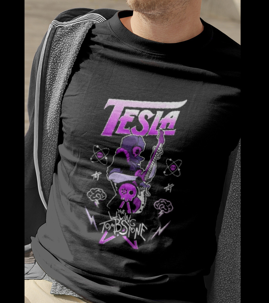 Tesla The Living Tombstone Purple Hooded Skull Mask Electric Guitar Pixel T-Shirt