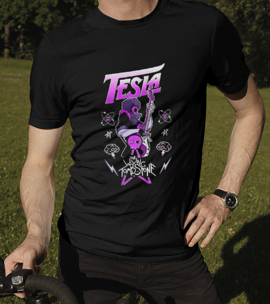 Tesla The Living Tombstone Purple Hooded Skull Mask Electric Guitar Pixel T-Shirt