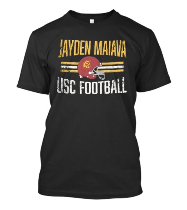 Jayden Maiava USC Football Distressed Helmet Yellow Stripes T-Shirt