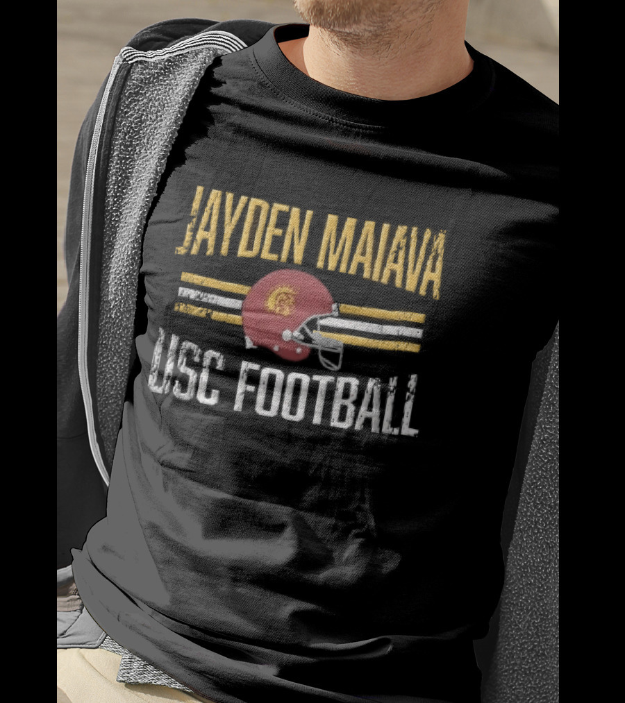Jayden Maiava USC Football Distressed Helmet Yellow Stripes T-Shirt