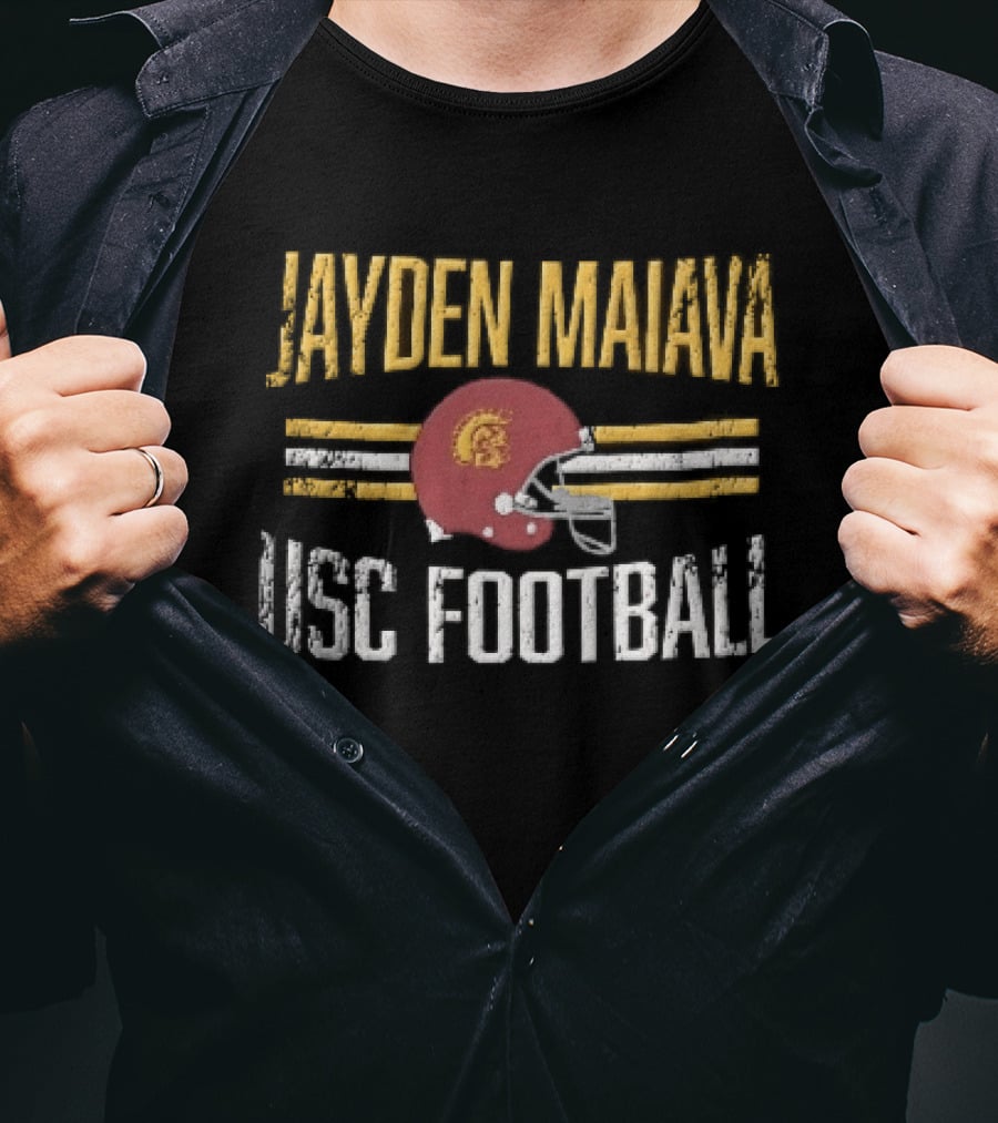 Jayden Maiava USC Football Distressed Helmet Yellow Stripes T-Shirt