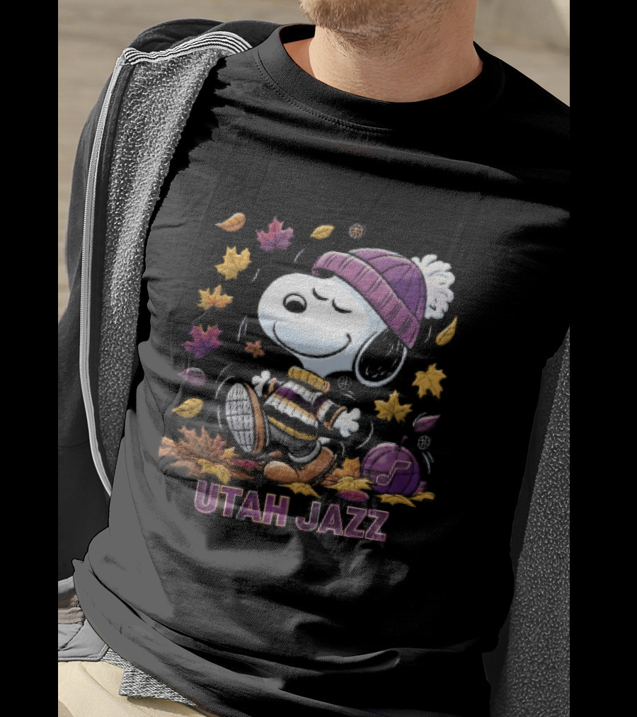 Utah Jazz Snoopy Cartoon Walking In Autumn Leaves Purple Beanie Basketball T-Shirt