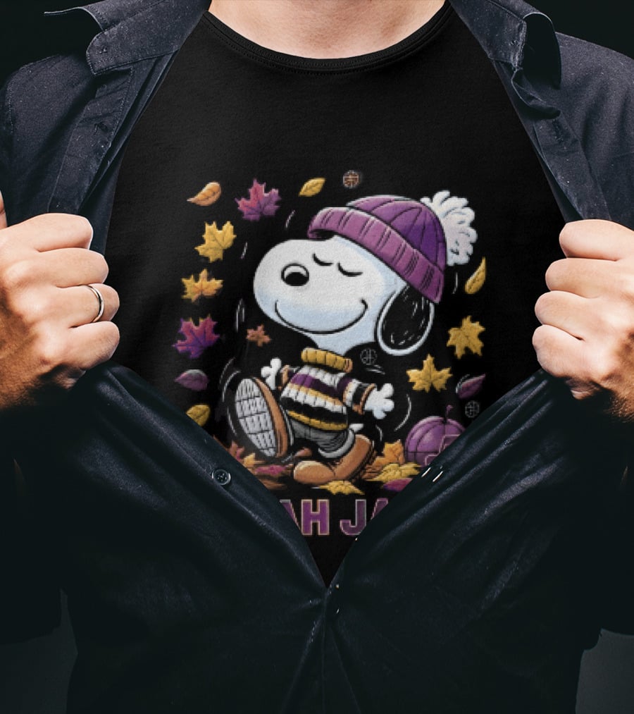Utah Jazz Snoopy Cartoon Walking In Autumn Leaves Purple Beanie Basketball T-Shirt
