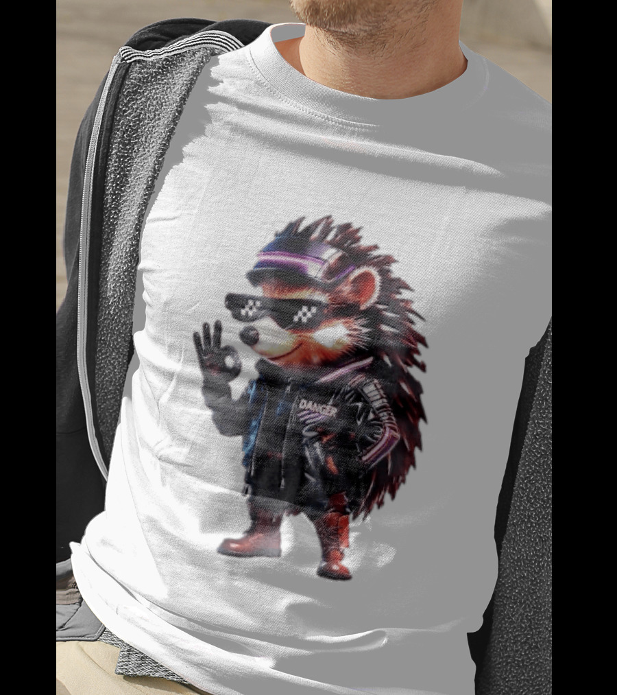 Danger Hedgehog Pixel Sunglasses Leather Jacket T-Shirt