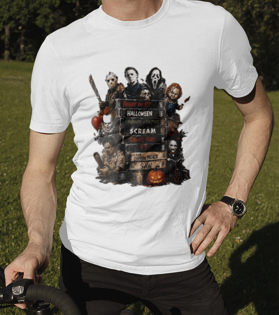 Friday The 13th Halloween Nightmare On Elm Street Scream Child's Play IT Texas Chainsaw Massacre Saw Horror Movie Stack T-Shirt