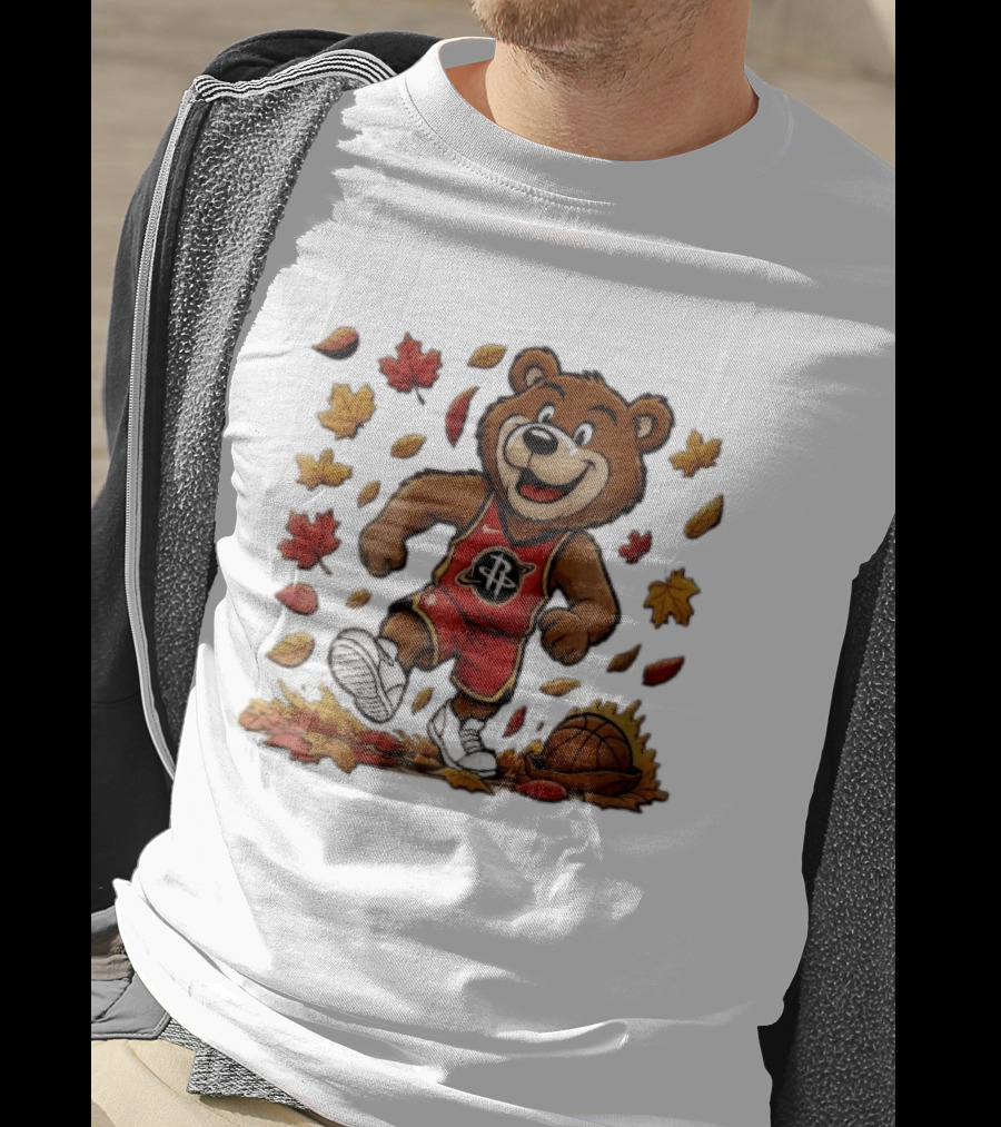 Houston Rockets Clutch The Bear Running With Basketball And Autumn Leaves T-Shirt