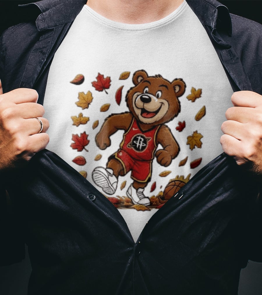 Houston Rockets Clutch The Bear Running With Basketball And Autumn Leaves T-Shirt