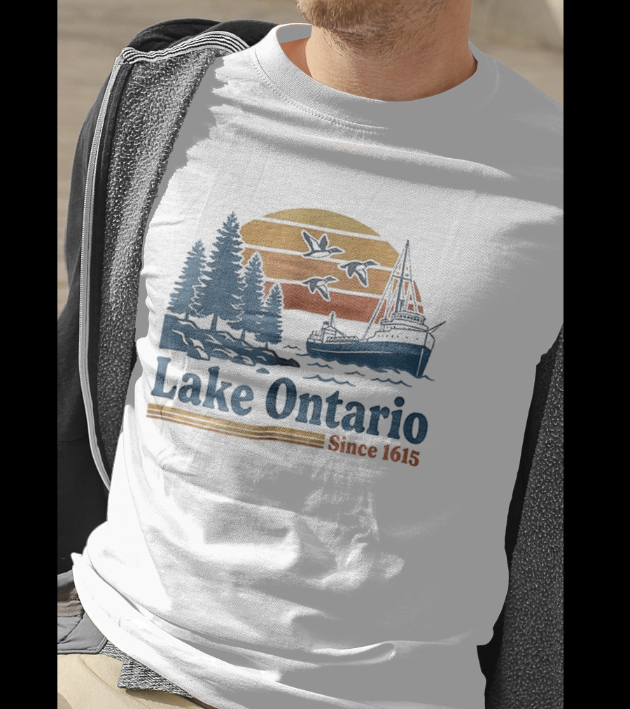 Lake Ontario Great Lakes Since 1615 Scenic Sunrise With Ship And Trees T-Shirt