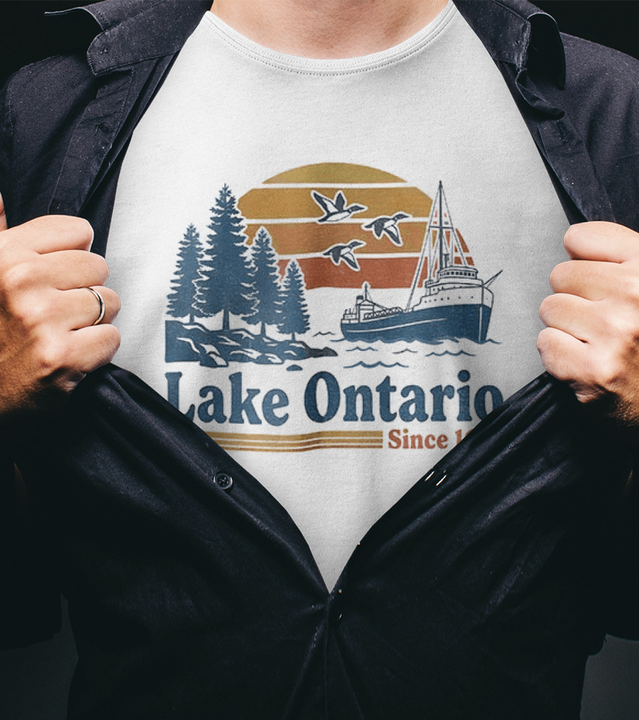 Lake Ontario Great Lakes Since 1615 Scenic Sunrise With Ship And Trees T-Shirt
