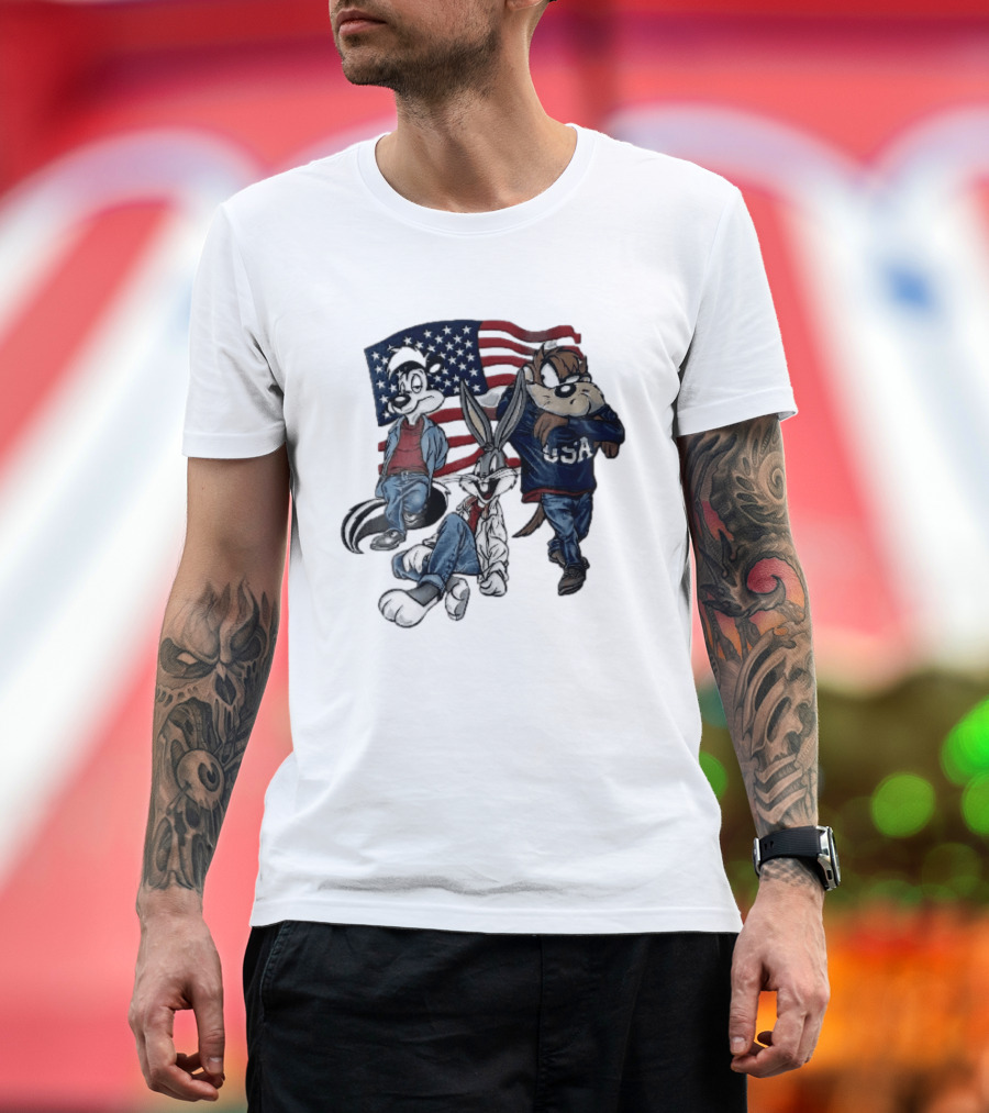 Looney Tunes Pepe Le Pew Bugs Bunny Tasmanian Devil USA American Flag Caricature T-Shirt