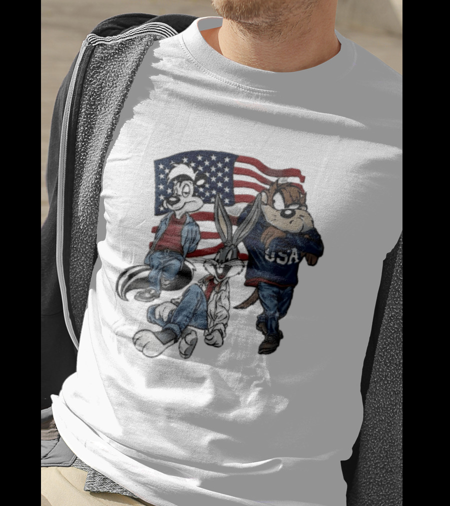Looney Tunes Pepe Le Pew Bugs Bunny Tasmanian Devil USA American Flag Caricature T-Shirt