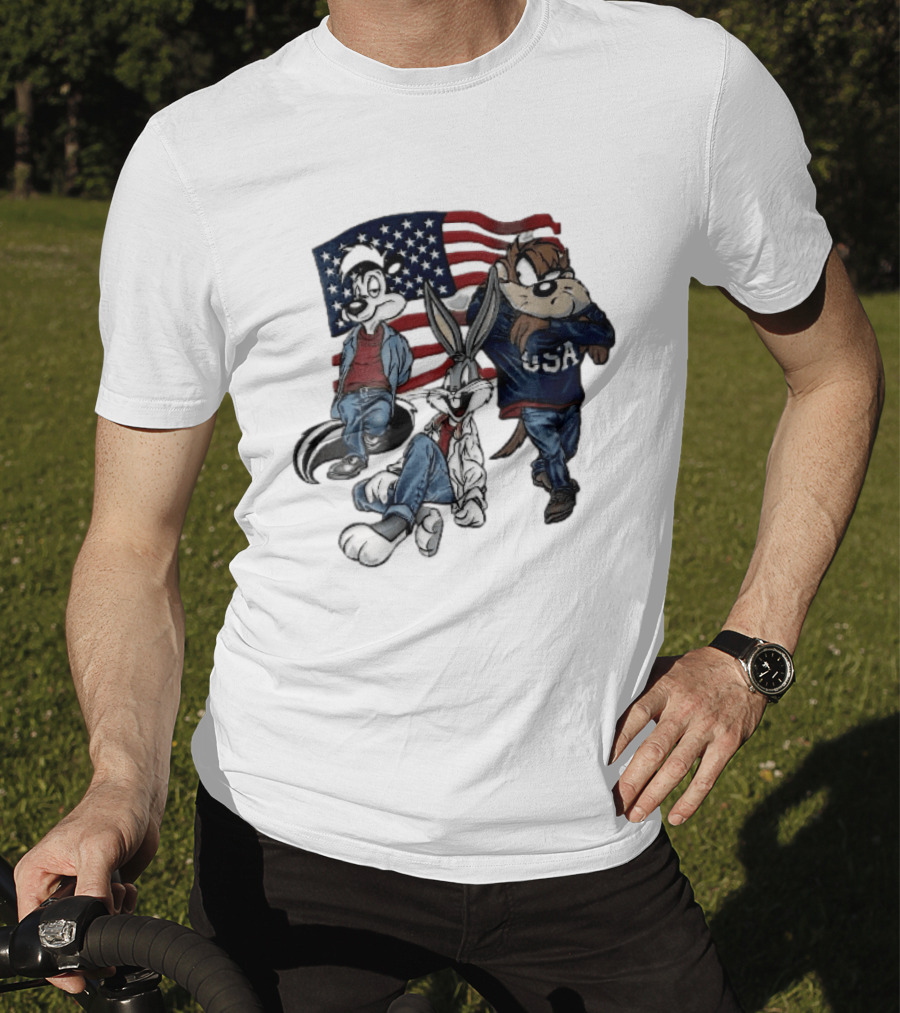 Looney Tunes Pepe Le Pew Bugs Bunny Tasmanian Devil USA American Flag Caricature T-Shirt