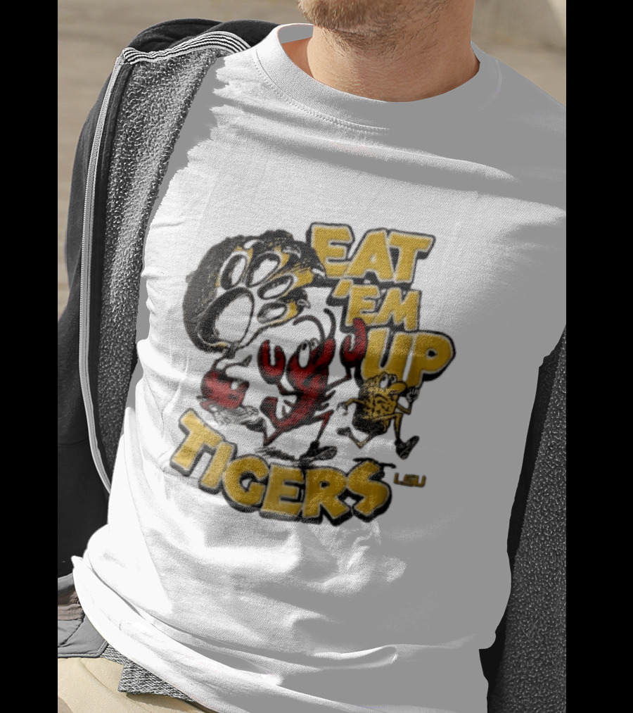 LSU Tigers Eat Em Up Cartoon Crawfish Corn Bean Paw Running T-Shirt