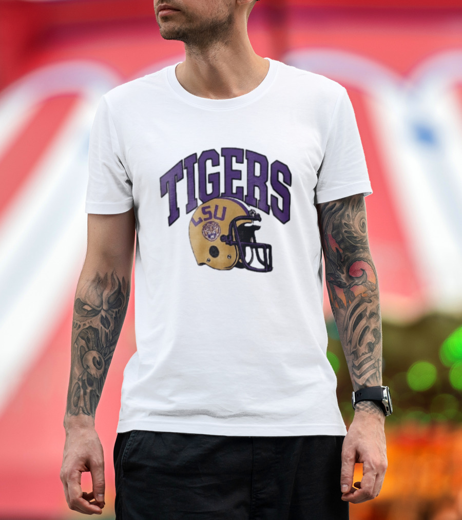 LSU Tigers Yellow Football Helmet Purple Arched Letters NCAA T-Shirt