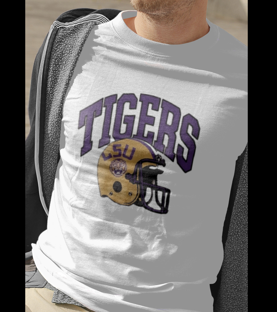 LSU Tigers Yellow Football Helmet Purple Arched Letters NCAA T-Shirt