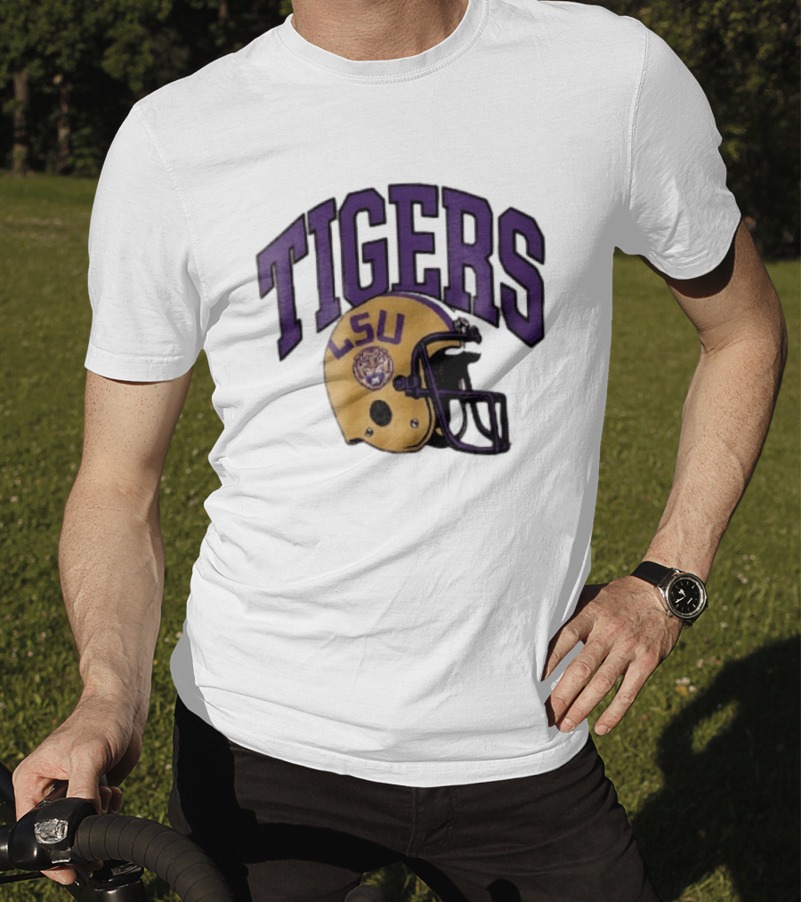 LSU Tigers Yellow Football Helmet Purple Arched Letters NCAA T-Shirt