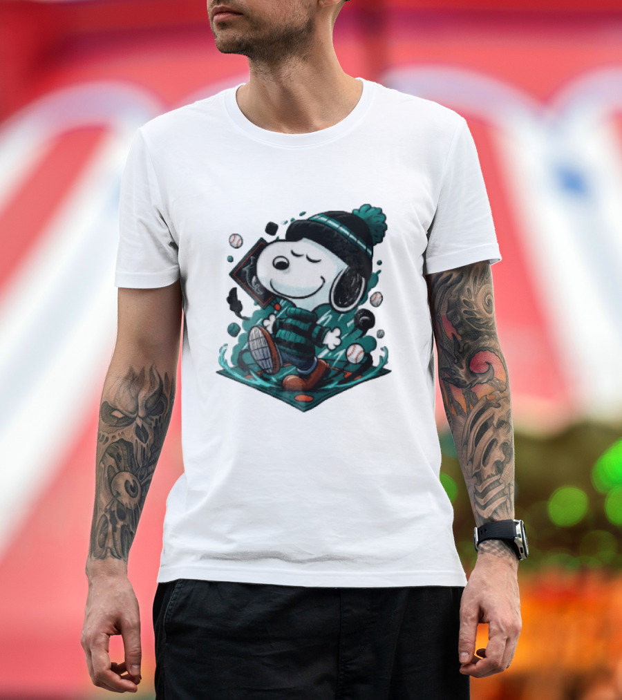Miami Marlins MLB Snoopy Walking Teal Winter Beanie Striped Baseballs T-Shirt