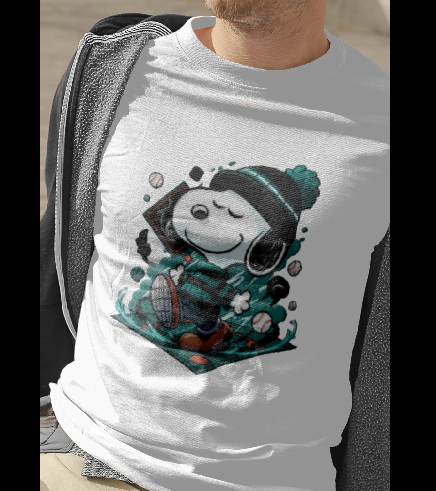 Miami Marlins MLB Snoopy Walking Teal Winter Beanie Striped Baseballs T-Shirt