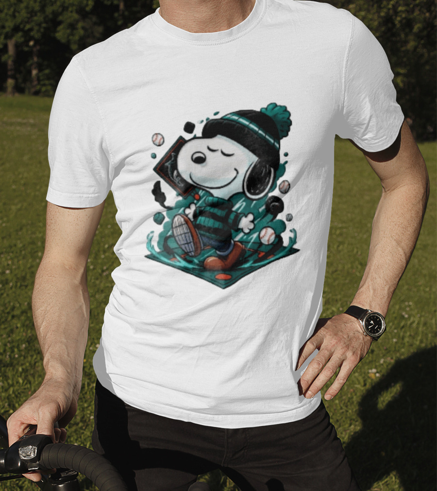 Miami Marlins MLB Snoopy Walking Teal Winter Beanie Striped Baseballs T-Shirt