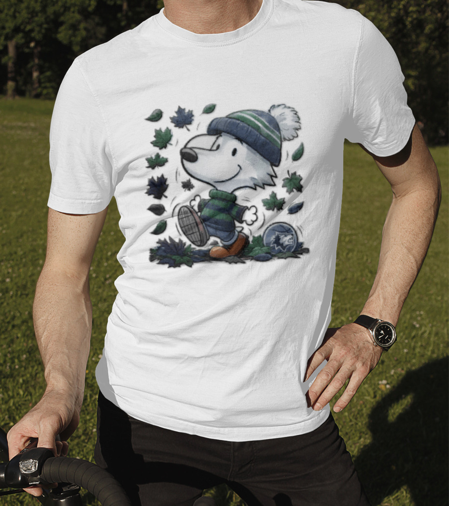 Minnesota Timberwolves Snoopy Beanie Boots Falling Leaves Cartoon T-Shirt
