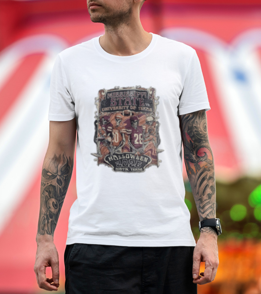 Mississippi State Vs University Of Texas Halloween 2026 Austin Texas Skeleton Football Players T-Shirt