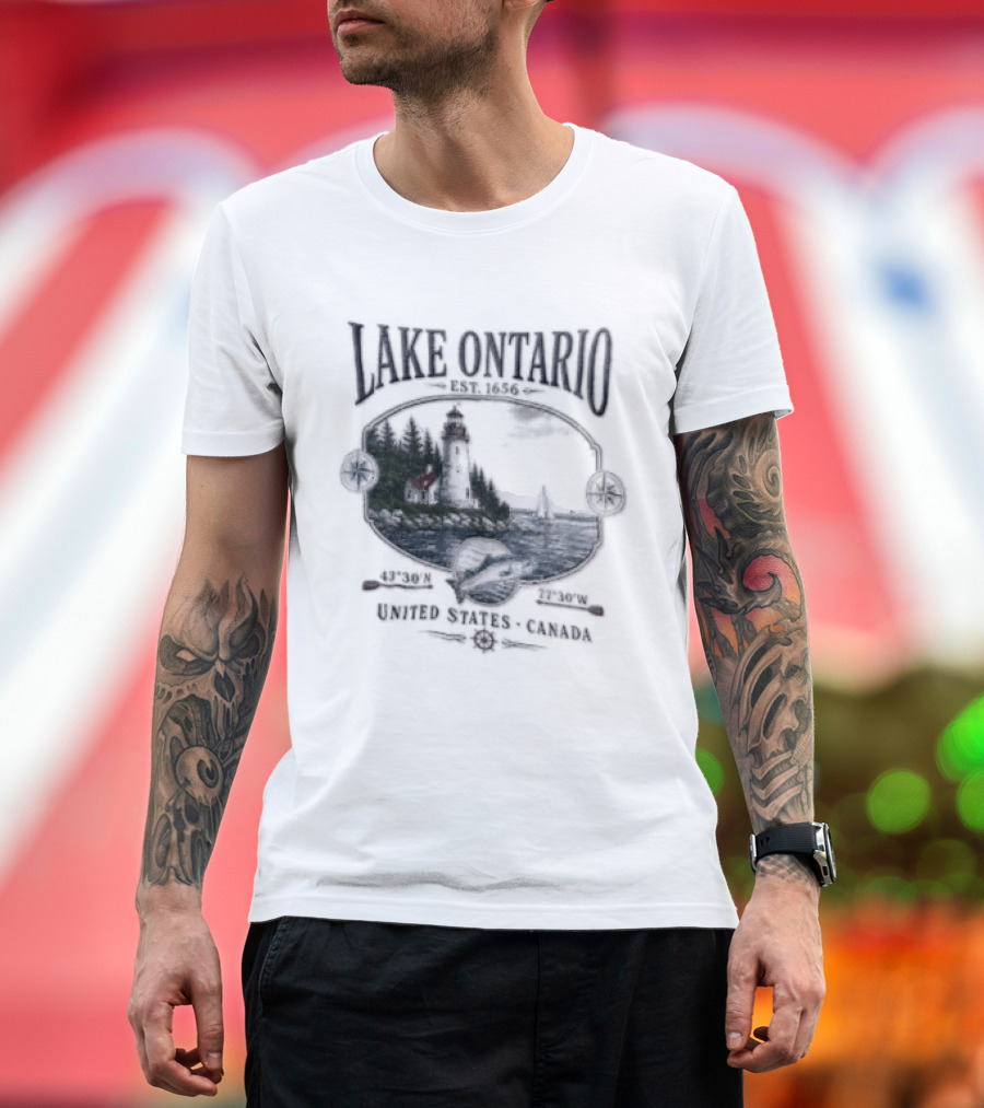 Lake Ontario Lighthouse Sailboat Fish 43 30 And 77 W United States Canada T-Shirt