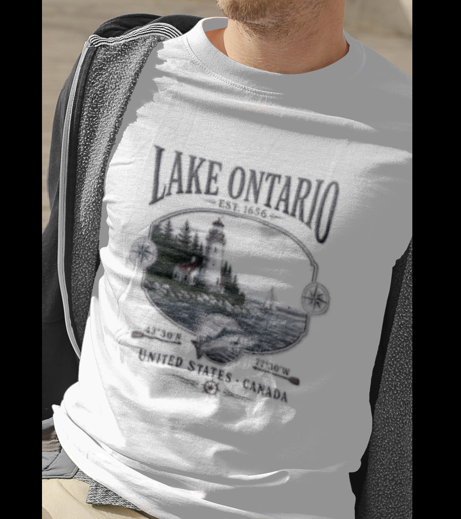 Lake Ontario Lighthouse Sailboat Fish 43 30 And 77 W United States Canada T-Shirt