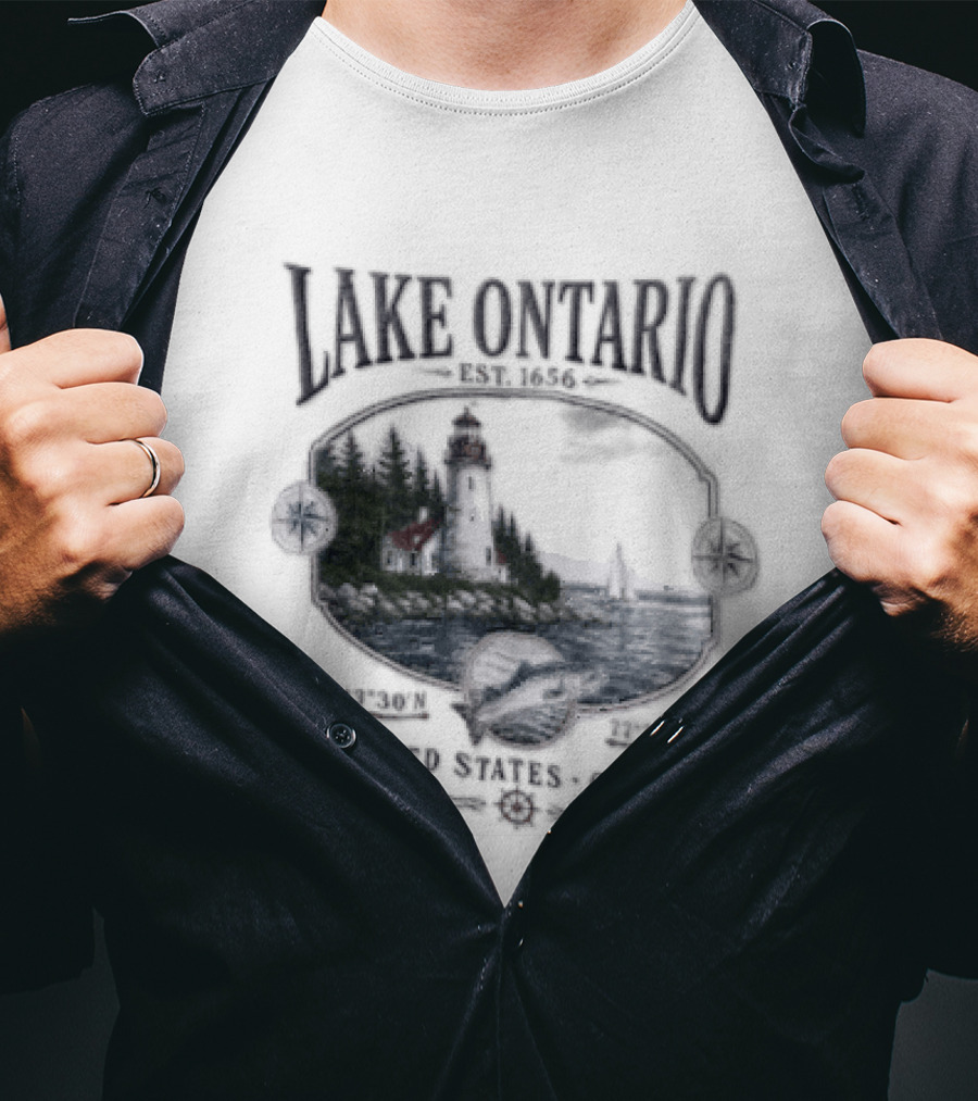 Lake Ontario Lighthouse Sailboat Fish 43 30 And 77 W United States Canada T-Shirt