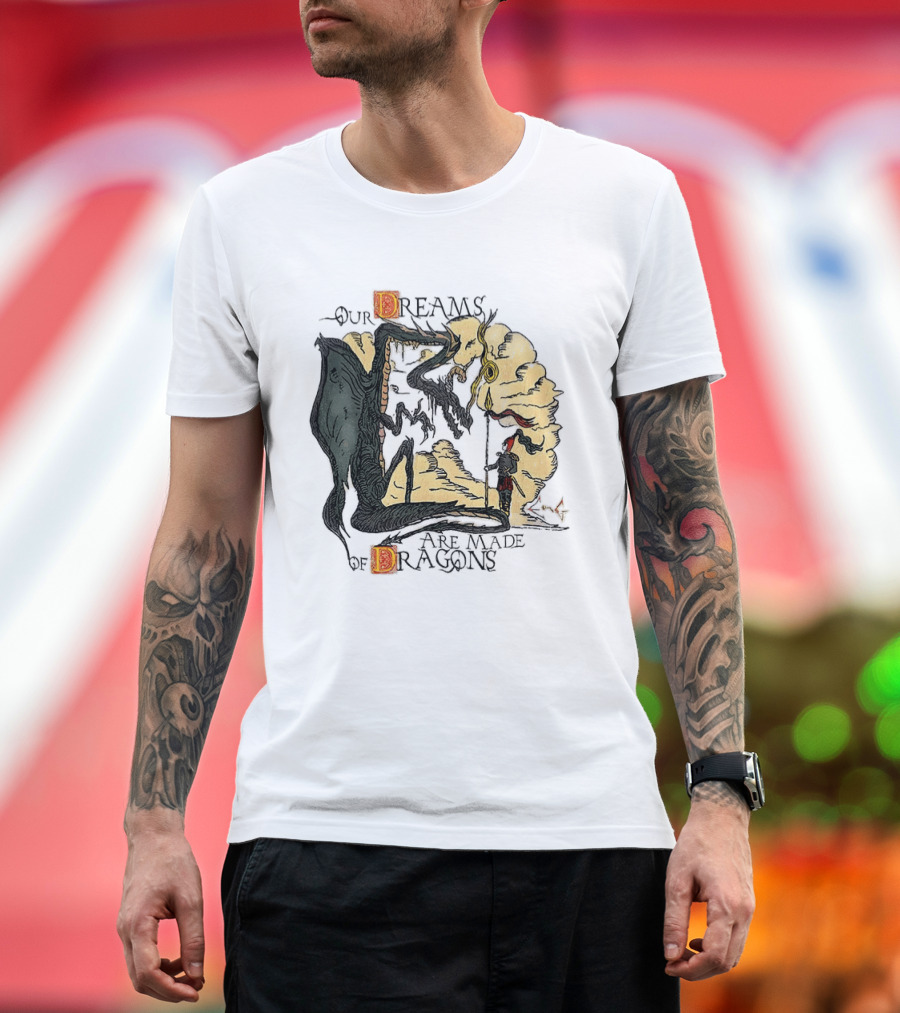 Our Dreams Are Made Of Dragons Artwork Yellow Red Black Fantasy T-Shirt