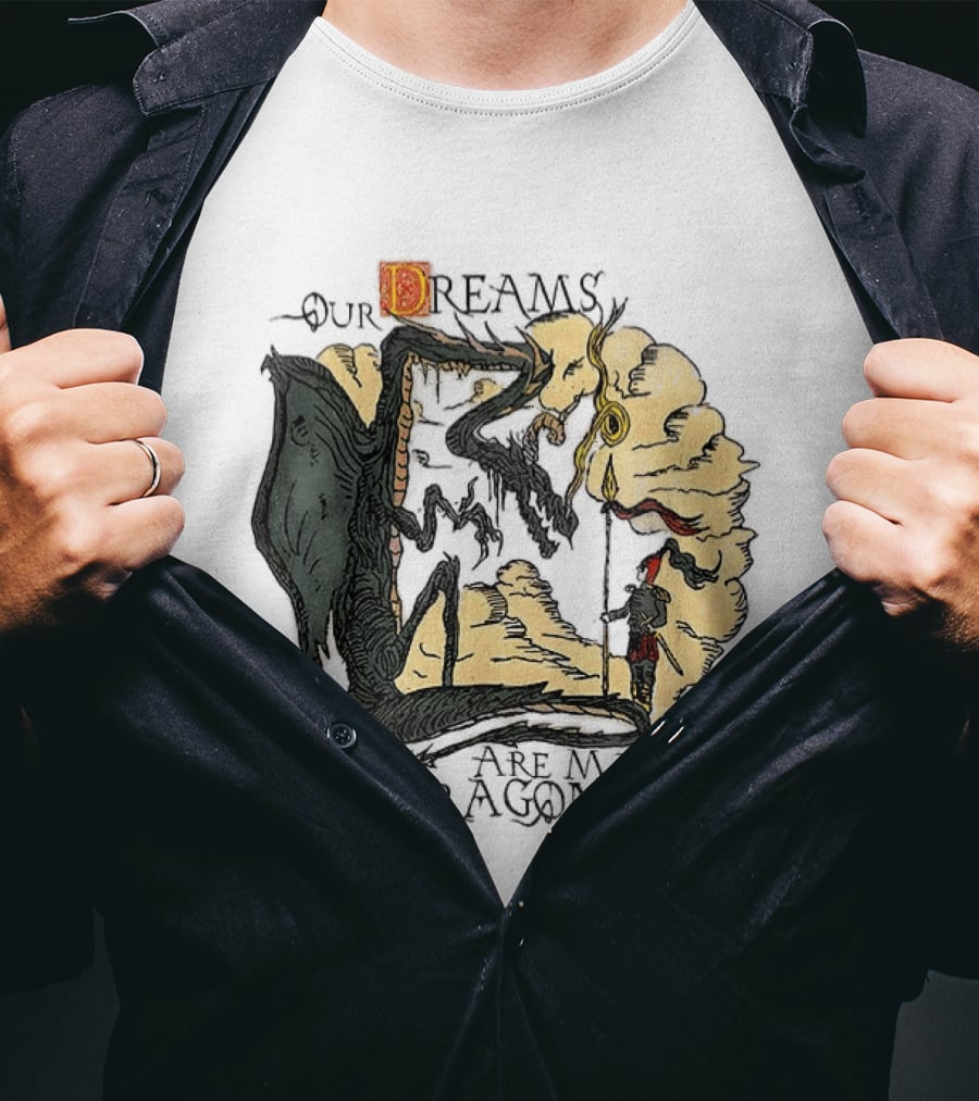 Our Dreams Are Made Of Dragons Artwork Yellow Red Black Fantasy T-Shirt