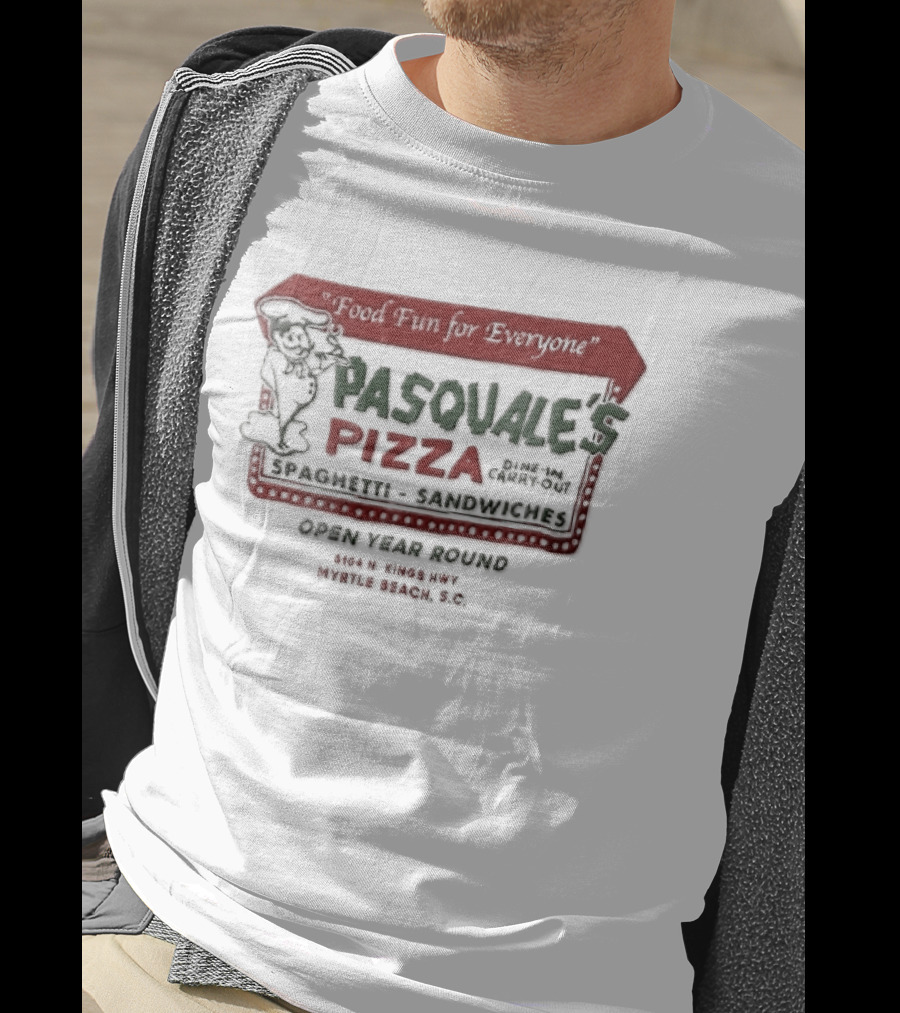 Pasquales Pizza Food Fun For Everyone Myrtle Beach Cartoon Chef Marquee Sign Spaghetti Sandwiches T-Shirt